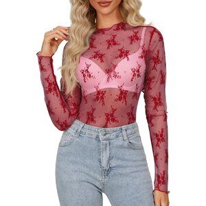 🆕Women’s Red Mesh Sheer Top Long Sleeve Mock Neck Sexy See Through Lace Blouse